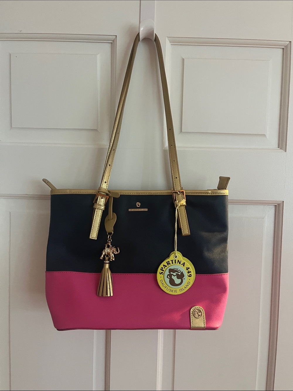 Spartina 449 Retreat Medium Two-Tone Pink & Black Tote with Gold Accents